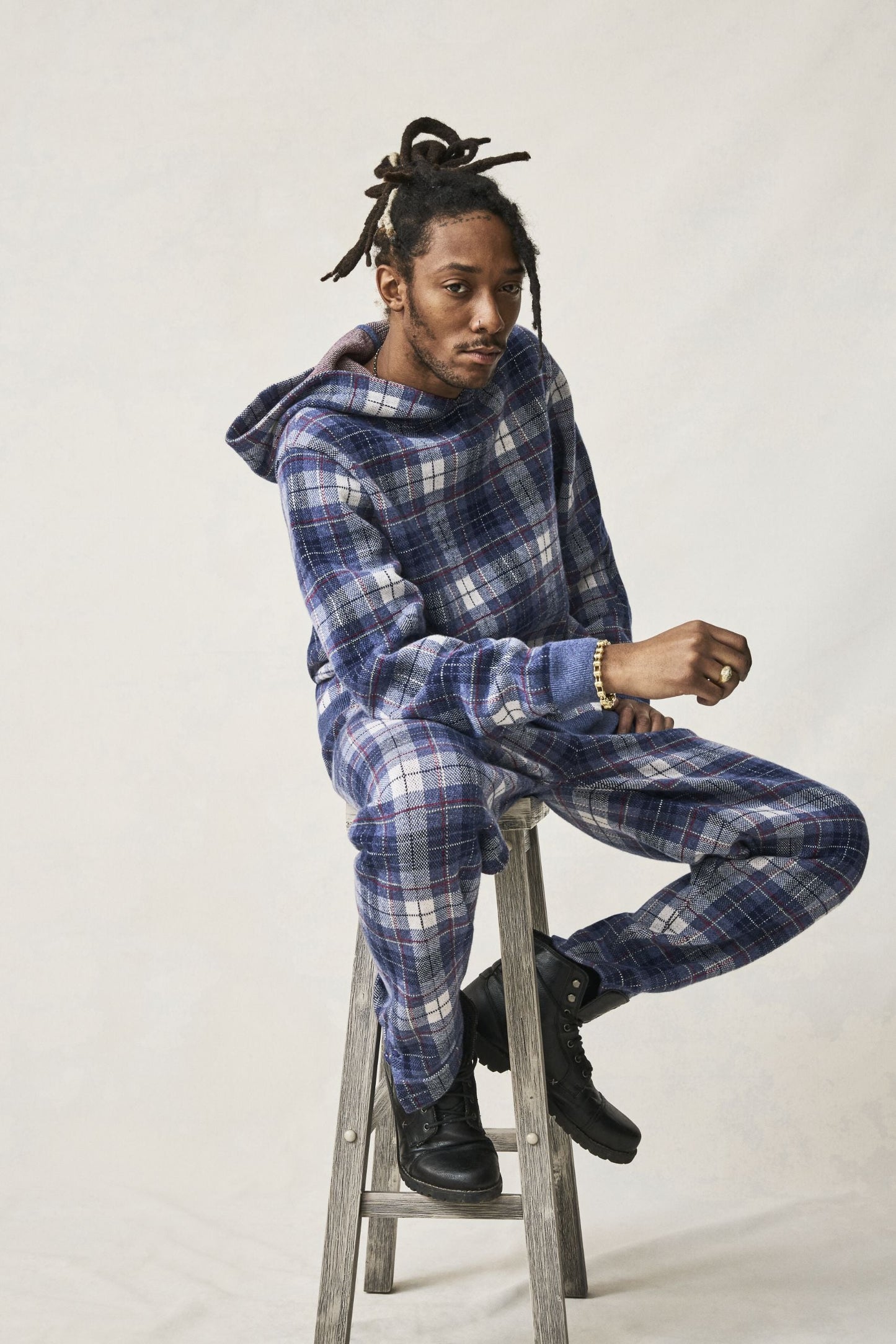 Navy Tartan Cashmere Pants