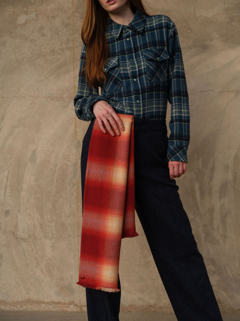 Tomato Plaid Cashmere Scarf
