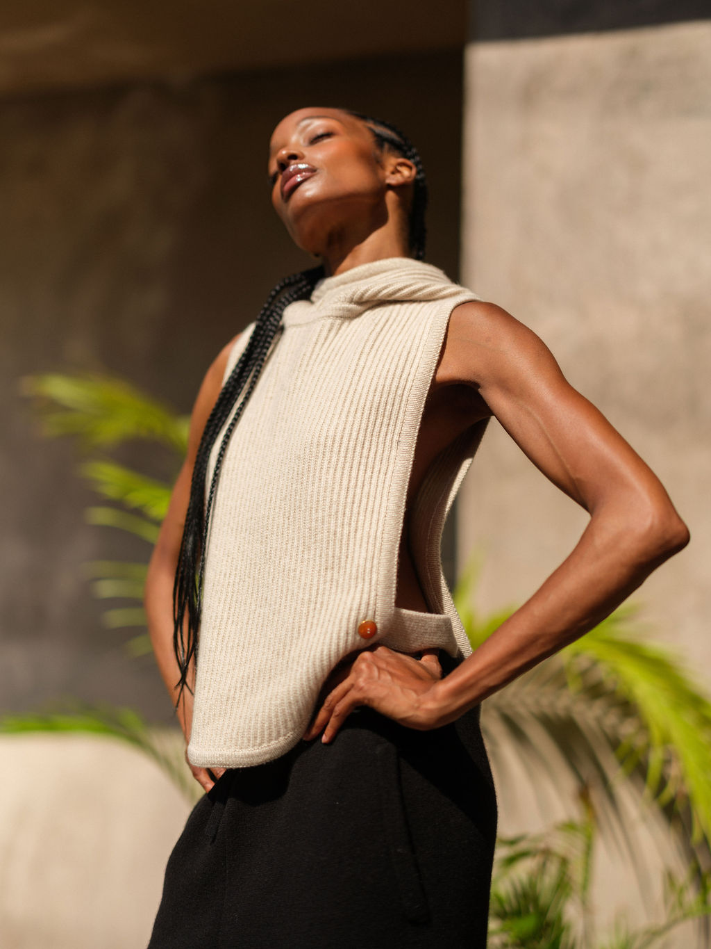 Taupe Melange Cashmere Sleeveless Hoodie