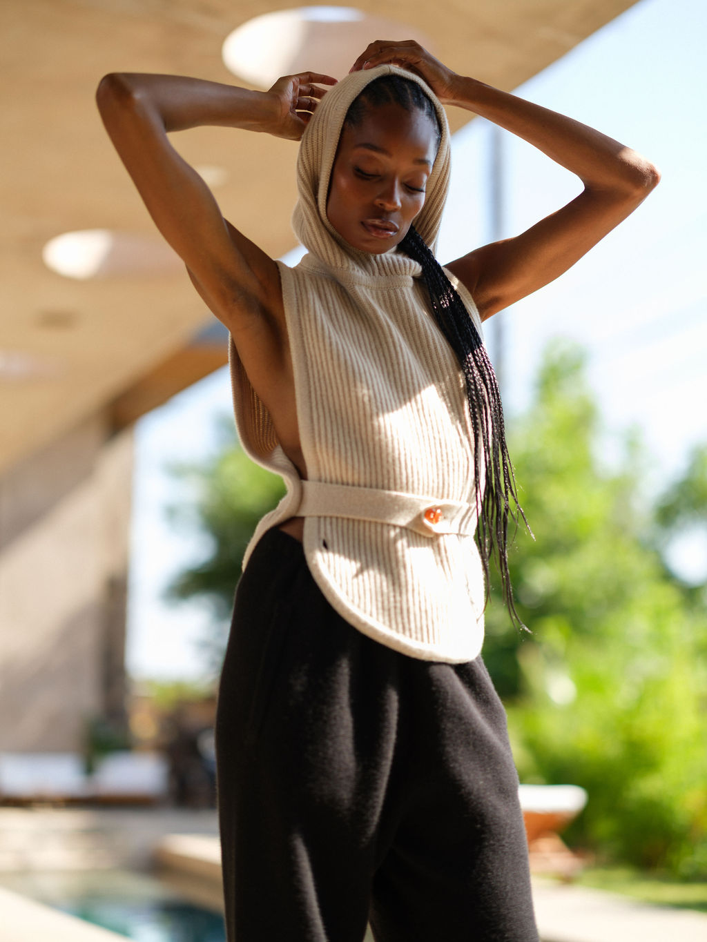 Taupe Melange Cashmere Sleeveless Hoodie