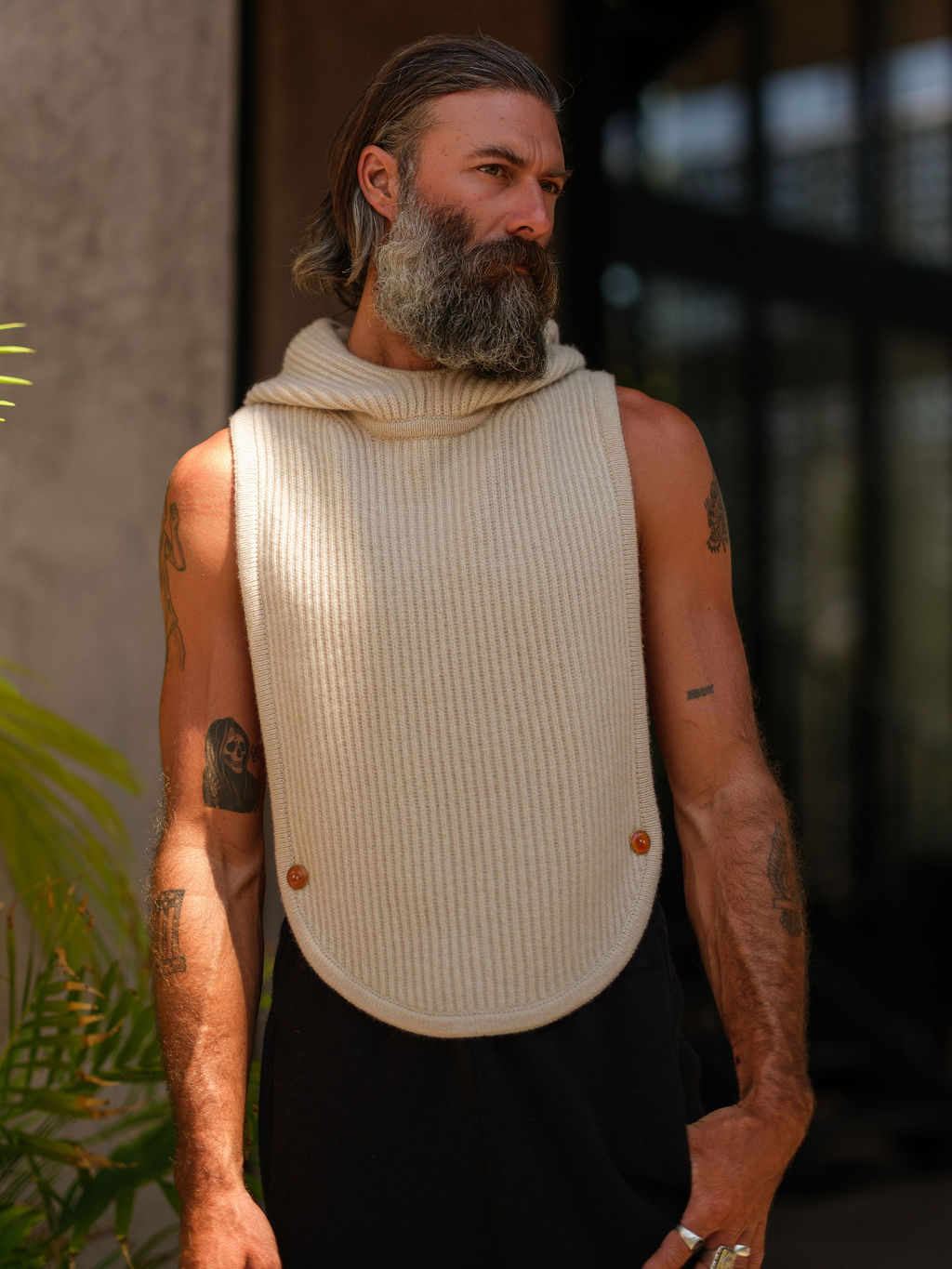 Taupe Melange Cashmere Sleeveless Hoodie