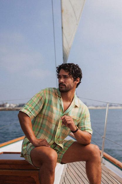 Lime Moss Plaid Linen Shirt